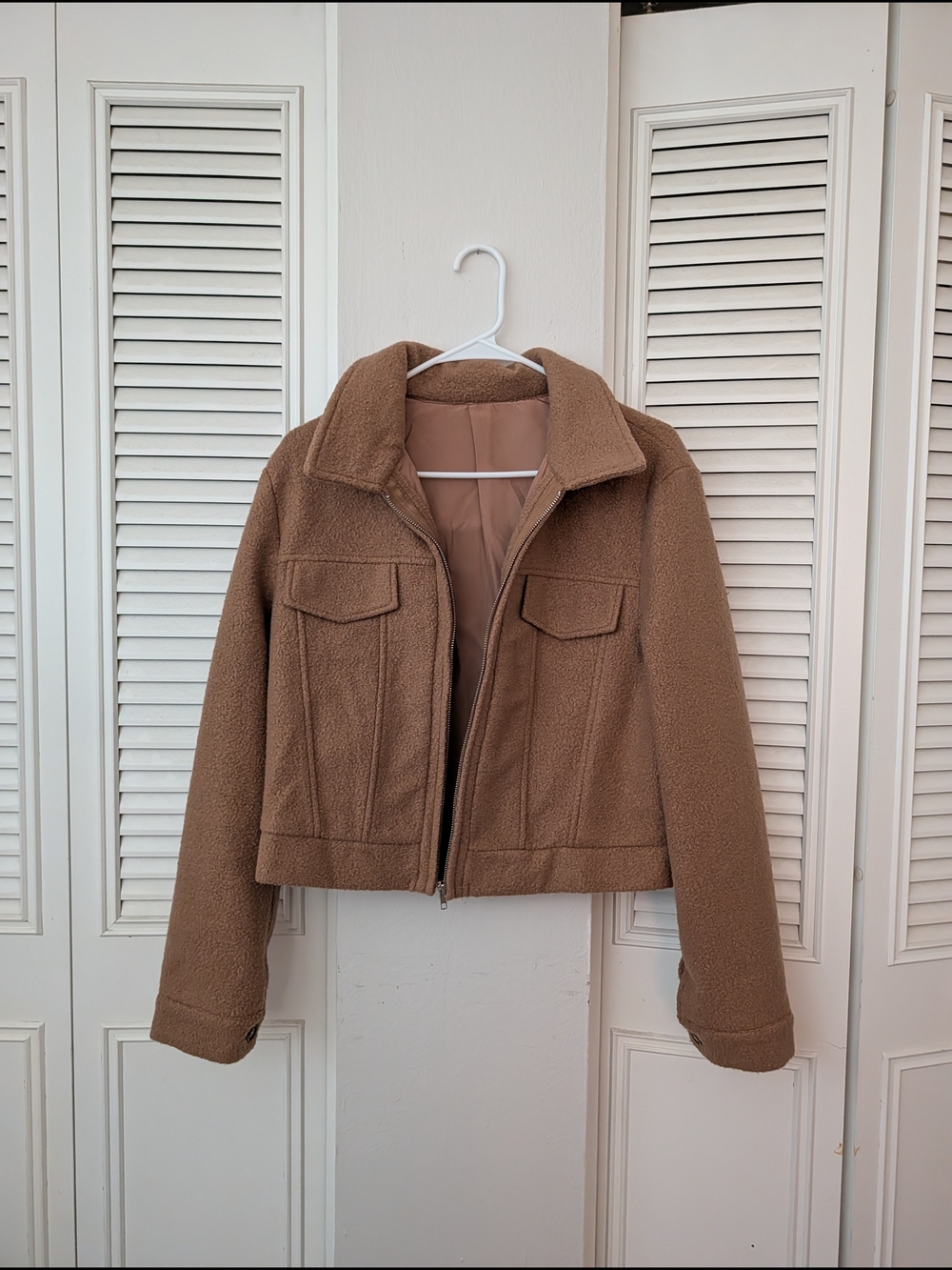 Women’s Tan Sherpa Zip-Front Jacket